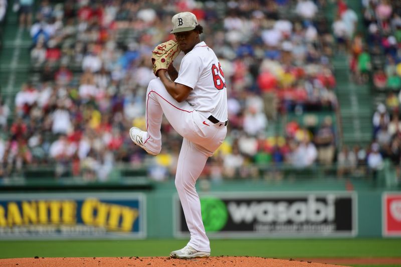 May 18, 2025; Boston, Massachusetts, USA; Boston Red Sox starting pitcher Brayan Bello (66) pitches during the first inning against the Atlanta Braves at Fenway Park. Mandatory Credit: Bob DeChiara-Imagn Images