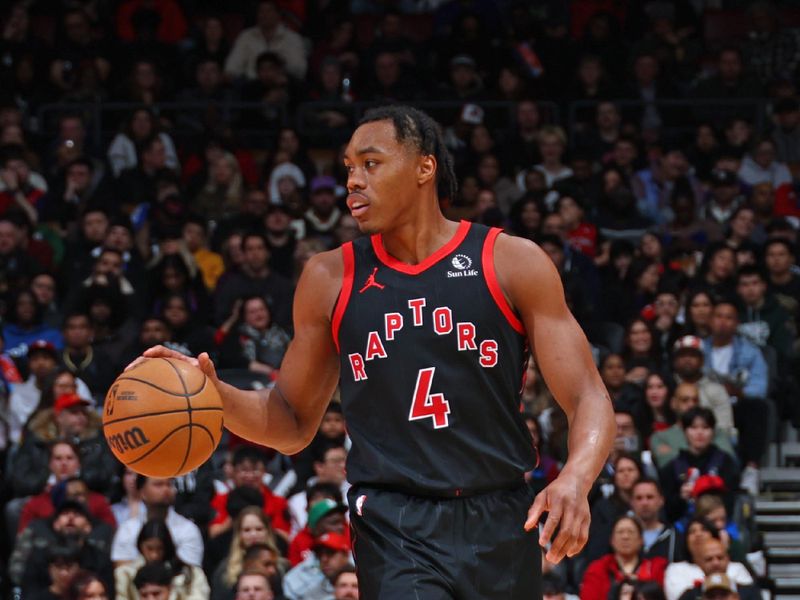 TORONTO, CANADA - FEBRUARY 23: Scottie Barnes #4 of the Toronto Raptors dribbles the ball during the game against the Phoenix Suns on February 23, 2025 at the Scotiabank Arena in Toronto, Ontario, Canada.  NOTE TO USER: User expressly acknowledges and agrees that, by downloading and or using this Photograph, user is consenting to the terms and conditions of the Getty Images License Agreement.  Mandatory Copyright Notice: Copyright 2025 NBAE (Photo by Vaughn Ridley/NBAE via Getty Images)