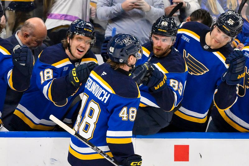 Nov 19, 2024; St. Louis, Missouri, USA;  St. Louis Blues defenseman Scott Perunovich (48) is congratulated by center Robert Thomas (18)  left wing Pavel Buchnevich (89) and defenseman Colton Parayko (55) after scoring against the Minnesota Wild during the second period at Enterprise Center. Mandatory Credit: Jeff Curry-Imagn Images