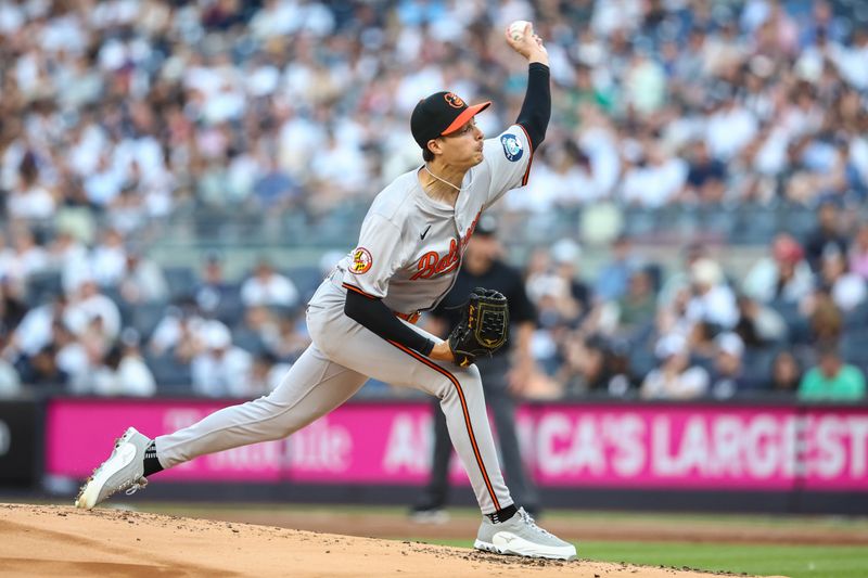 Jun 19, 2024; Bronx, New York, USA;  Baltimore Orioles starting pitcher Cade Povich (37) pitches in the first inning against the New York Yankees at Yankee Stadium. Mandatory Credit: Wendell Cruz-USA TODAY Sports