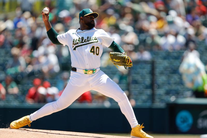 May 22, 2025; West Sacramento, California, USA; Athletics starting pitcher Luis Severino (40) throws a pitch during the first inning against the Los Angeles Angels at Sutter Health Park. Mandatory Credit: Sergio Estrada-Imagn Images