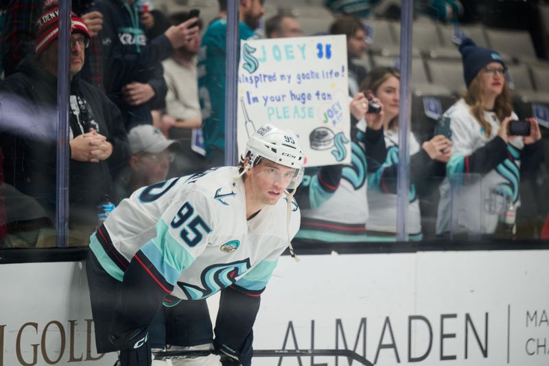 Nov 29, 2024; San Jose, California, USA; Seattle Kraken left wing Andre Burakovsky (95) warms up on the ice before the game against the San Jose Sharks at SAP Center at San Jose. Mandatory Credit: Robert Edwards-Imagn Images