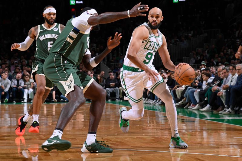 BOSTON, MA - OCTOBER 28: Derrick White #9 of the Boston Celtics dribbles the ball during the game against the Milwaukee Bucks on October 28, 2024 at TD Garden in Boston, Massachusetts. NOTE TO USER: User expressly acknowledges and agrees that, by downloading and/or using this Photograph, user is consenting to the terms and conditions of the Getty Images License Agreement. Mandatory Copyright Notice: Copyright 2024 NBAE (Photo by Brian Babineau/NBAE via Getty Images)