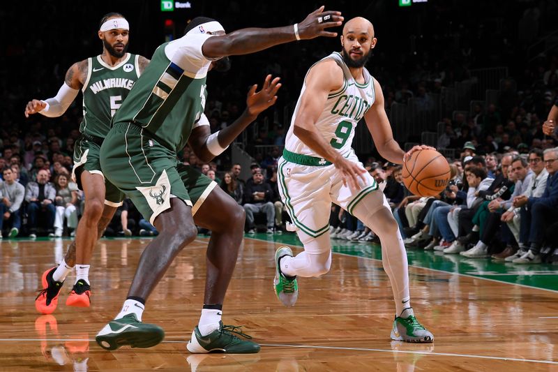 BOSTON, MA - OCTOBER 28: Derrick White #9 of the Boston Celtics dribbles the ball during the game against the Milwaukee Bucks on October 28, 2024 at TD Garden in Boston, Massachusetts. NOTE TO USER: User expressly acknowledges and agrees that, by downloading and/or using this Photograph, user is consenting to the terms and conditions of the Getty Images License Agreement. Mandatory Copyright Notice: Copyright 2024 NBAE (Photo by Brian Babineau/NBAE via Getty Images)