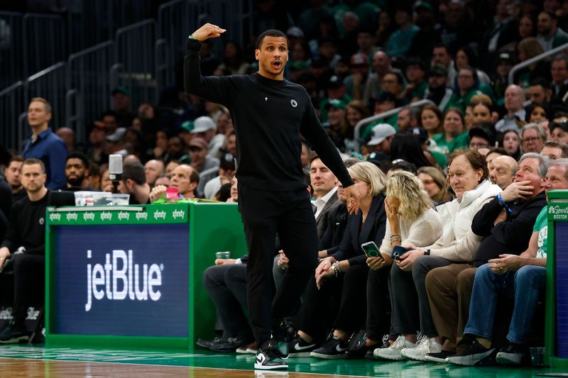 BOSTON, MA - FEBRUARY 7:  Head coach Joe Mazzulla of the Boston Celtics directs his players during the second half against the Atlanta Hawks at TD Garden on February 7, 2024 in Boston, Massachusetts. NOTE TO USER: User expressly acknowledges and agrees that, by downloading and/or using this Photograph, user is consenting to the terms and conditions of the Getty Images License Agreement. (Photo By Winslow Townson/Getty Images)