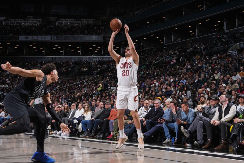 BROOKLYN, NY - FEBRUARY 8: Georges Niang #20 of the Cleveland Cavaliers shoots the ball during the game against the Brooklyn Nets on February 8, 2024 at Barclays Center in Brooklyn, New York. NOTE TO USER: User expressly acknowledges and agrees that, by downloading and or using this Photograph, user is consenting to the terms and conditions of the Getty Images License Agreement. Mandatory Copyright Notice: Copyright 2024 NBAE (Photo by Jesse D. Garrabrant/NBAE via Getty Images)