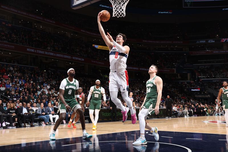 WASHINGTON, DC -? APRIL 2: Deni Avdija #8 of the Washington Wizards shoots the ball during the game against the Milwaukee Bucks on April 2, 2024 at Capital One Arena in Washington, DC. NOTE TO USER: User expressly acknowledges and agrees that, by downloading and or using this Photograph, user is consenting to the terms and conditions of the Getty Images License Agreement. Mandatory Copyright Notice: Copyright 2024 NBAE (Photo by Stephen Gosling/NBAE via Getty Images)