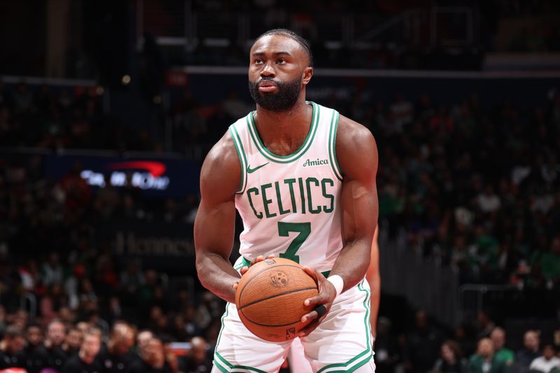 WASHINGTON, DC -? NOVEMBER 22: Jaylen Brown #7 of the Boston Celtics shoots a free throw during the game against the Washington Wizards during the Emirates NBA Cup game on November 22, 2024 at Capital One Arena in Washington, DC. NOTE TO USER: User expressly acknowledges and agrees that, by downloading and or using this Photograph, user is consenting to the terms and conditions of the Getty Images License Agreement. Mandatory Copyright Notice: Copyright 2024 NBAE (Photo by Stephen Gosling/NBAE via Getty Images)