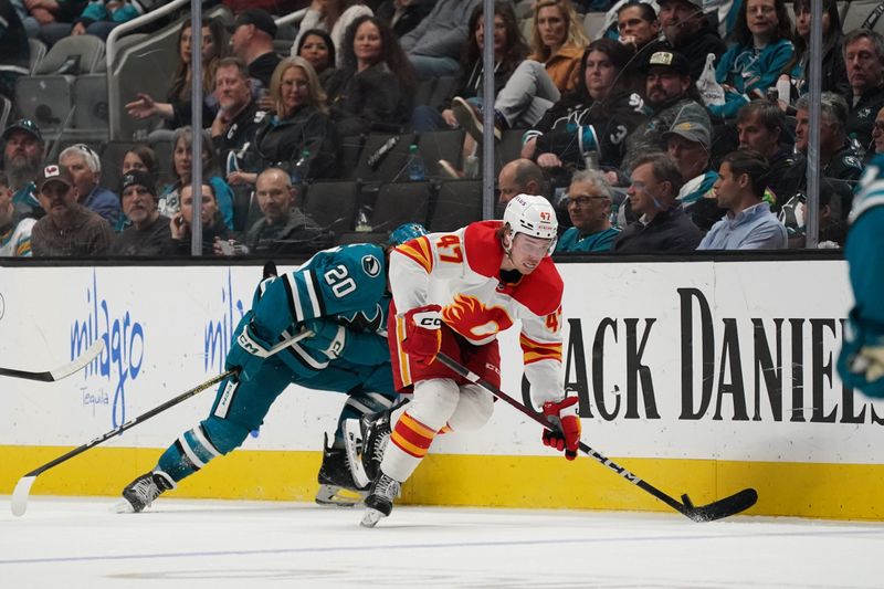 Apr 9, 2024; San Jose, California, USA; Calgary Flames center Connor Zary (47) advances the puck against San Jose Sharks left wing Fabian Zetterlund (20) during the third period at SAP Center at San Jose. Mandatory Credit: David Gonzales-USA TODAY Sports