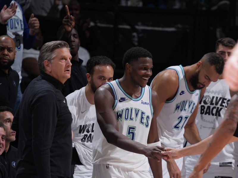 MINNEAPOLIS, MN -  APRIL 23: Anthony Edwards #5 of the Minnesota Timberwolves celebrates during the game against the Phoenix Suns during Round One Game Two of the 2024 NBA Playoffs on April 23, 2024 at Target Center in Minneapolis, Minnesota. NOTE TO USER: User expressly acknowledges and agrees that, by downloading and or using this Photograph, user is consenting to the terms and conditions of the Getty Images License Agreement. Mandatory Copyright Notice: Copyright 2024 NBAE (Photo by Jordan Johnson/NBAE via Getty Images)