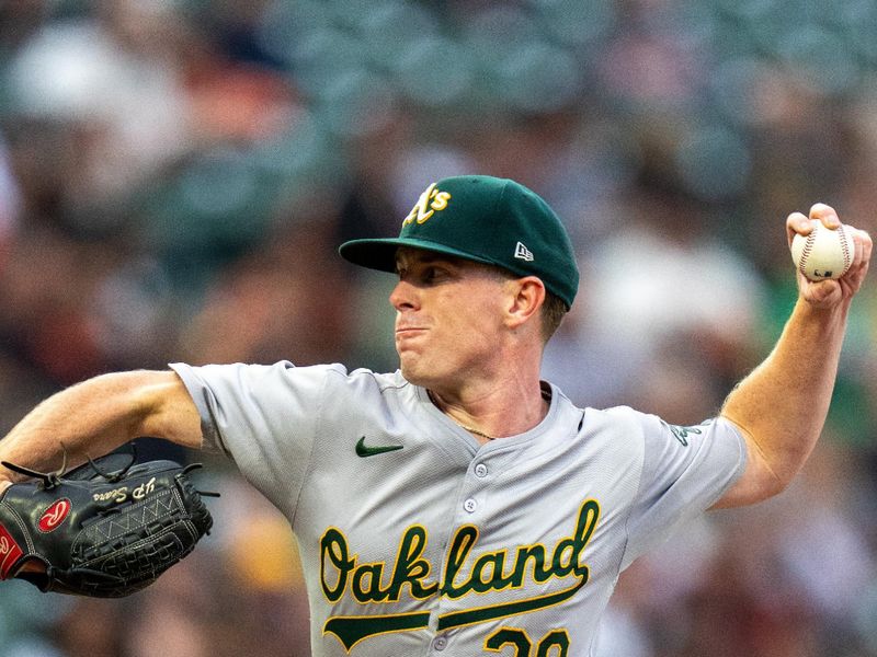 Jul 30, 2024; San Francisco, California, USA;  Oakland Athletics starting pitcher JP Sears (38) delivers a pitch against the San Francisco Giants during the first inning at Oracle Park. Mandatory Credit: Neville E. Guard-USA TODAY Sports