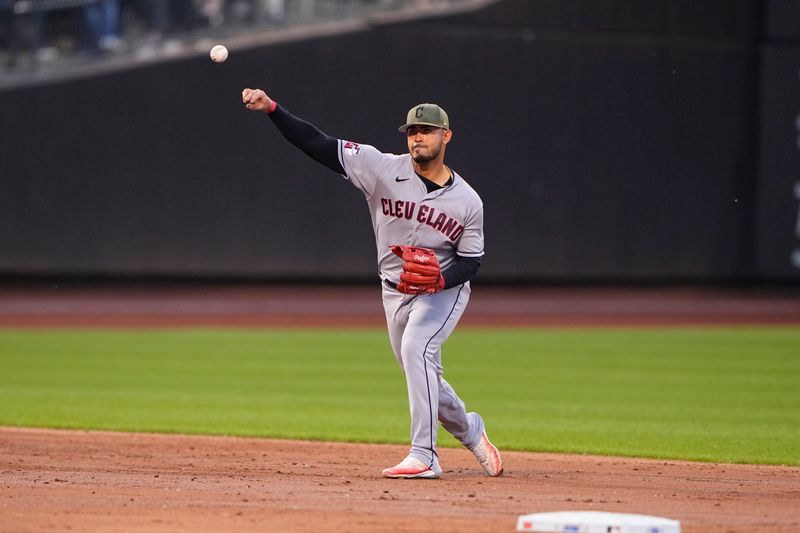 May 21, 2023; New York City, New York, USA; Cleveland Guardians shortstop Gabriel Arias (13) throws out New York Mets designate hitter Mark Vientos (27) (not pictured) after fielding a ground ball during the third inning at Citi Field. Mandatory Credit: Gregory Fisher-USA TODAY Sports