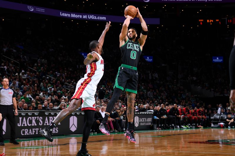 BOSTON, MA - DECEMBER 2: Jayson Tatum #0 of the Boston Celtics shoots the ball during the game against the Miami Heat on December 2, 2024 at TD Garden in Boston, Massachusetts. NOTE TO USER: User expressly acknowledges and agrees that, by downloading and/or using this Photograph, user is consenting to the terms and conditions of the Getty Images License Agreement. Mandatory Copyright Notice: Copyright 2024 NBAE (Photo by Brian Babineau/NBAE via Getty Images)