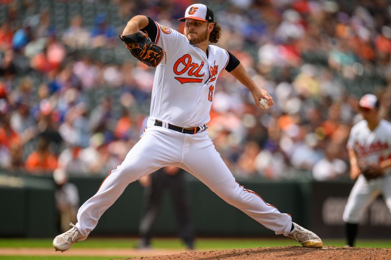 Aug 6, 2023; Baltimore, Maryland, USA; Baltimore Orioles starting pitcher Cole Irvin (19) throws a pitch during the seventh inning against the New York Mets at Oriole Park at Camden Yards. Mandatory Credit: Reggie Hildred-USA TODAY Sports