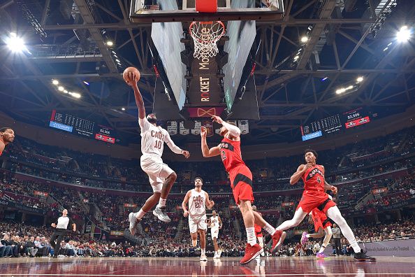 CLEVELAND, OH - NOVEMBER 26: Darius Garland #10 of the Cleveland Cavaliers drives to the basket during the game against the Toronto Raptors on November 26, 2023 at Rocket Mortgage FieldHouse in Cleveland, Ohio. NOTE TO USER: User expressly acknowledges and agrees that, by downloading and/or using this Photograph, user is consenting to the terms and conditions of the Getty Images License Agreement. Mandatory Copyright Notice: Copyright 2023 NBAE (Photo by David Liam Kyle/NBAE via Getty Images)