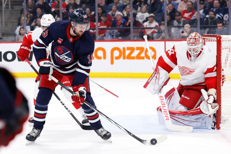 Dec 20, 2023; Winnipeg, Manitoba, CAN; Winnipeg Jets center David Gustafsson (19) tries for a tip in on Detroit Red Wings goaltender James Reimer (47) in the second period at Canada Life Centre. Mandatory Credit: James Carey Lauder-USA TODAY Sports