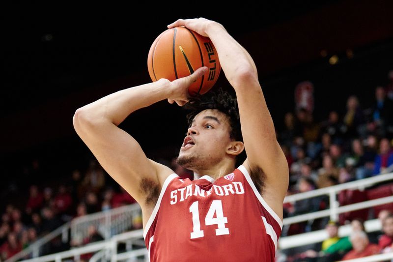 Jan 21, 2023; Stanford, California, USA; Stanford Cardinal forward Spencer Jones (14) shoots against the Oregon Ducks during the first half at Maples Pavilion. Mandatory Credit: Robert Edwards-USA TODAY Sports