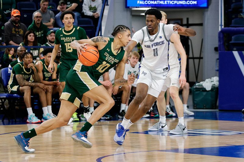 Mar 9, 2024; Colorado Springs, Colorado, USA; Colorado State Rams guard Nique Clifford (10) controls the ball as Air Force Falcons guard Byron Brown (11) guards in the second half at Clune Arena. Mandatory Credit: Isaiah J. Downing-USA TODAY Sports