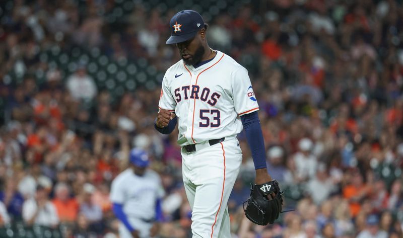 Apr 3, 2024; Houston, Texas, USA; Houston Astros starting pitcher Cristian Javier (53) reacts after getting an out during the fourth inning against the Toronto Blue Jays at Minute Maid Park. Mandatory Credit: Troy Taormina-USA TODAY Sports