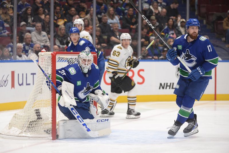 Feb 24, 2024; Vancouver, British Columbia, CAN;  Vancouver Canucks goaltender Thatcher Demko (35) watches a loose puck during the second period against the Boston Bruins at Rogers Arena. Mandatory Credit: Anne-Marie Sorvin-USA TODAY Sports