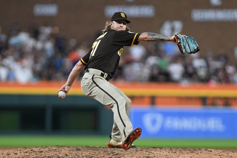 Jul 21, 2023; Detroit, Michigan, USA; San Diego Padres relief pitcher Josh Hader (71) throws a pitch against the Detroit Tigers in the ninth inning at Comerica Park. Mandatory Credit: Lon Horwedel-USA TODAY Sports