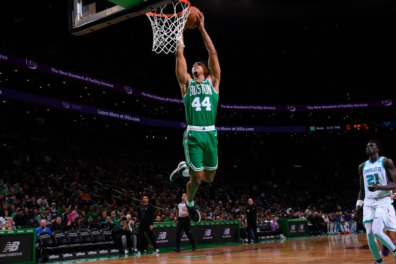 BOSTON, MA - APRIL 12:  Jaden Springer #44 of the Boston Celtics dunks the ball during the game against the Charlotte Hornets on April 12, 2024 at the TD Garden in Boston, Massachusetts. NOTE TO USER: User expressly acknowledges and agrees that, by downloading and or using this photograph, User is consenting to the terms and conditions of the Getty Images License Agreement. Mandatory Copyright Notice: Copyright 2024 NBAE  (Photo by Brian Babineau/NBAE via Getty Images)