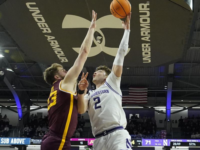 Mar 9, 2024; Evanston, Illinois, USA; Minnesota Golden Gophers forward Parker Fox (23) defends Northwestern Wildcats forward Nick Martinelli (2) during the second half at Welsh-Ryan Arena. Mandatory Credit: David Banks-USA TODAY Sports