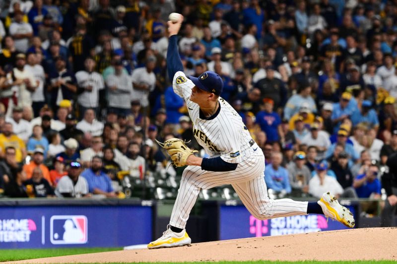 Oct 3, 2024; Milwaukee, Wisconsin, USA; Milwaukee Brewers pitcher Tobias Myers (36) pitches against the New York Mets in the first inning during game three of the Wildcard round for the 2024 MLB Playoffs at American Family Field. Mandatory Credit: Benny Sieu-Imagn Images