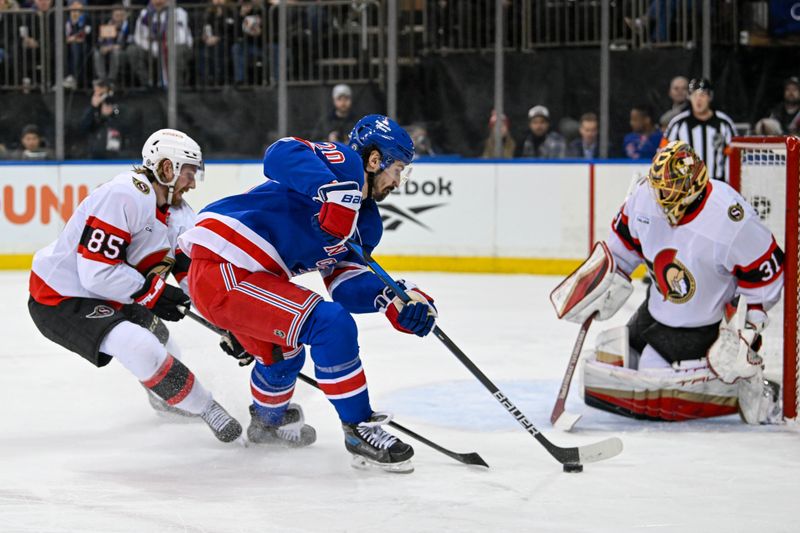 Jan 21, 2025; New York, New York, USA;  New York Rangers left wing Chris Kreider (20) attempts a shot on Ottawa Senators goaltender Anton Forsberg (31) defended by Ottawa Senators defenseman Jake Sanderson (85) during the second period at Madison Square Garden. Mandatory Credit: Dennis Schneidler-Imagn Images