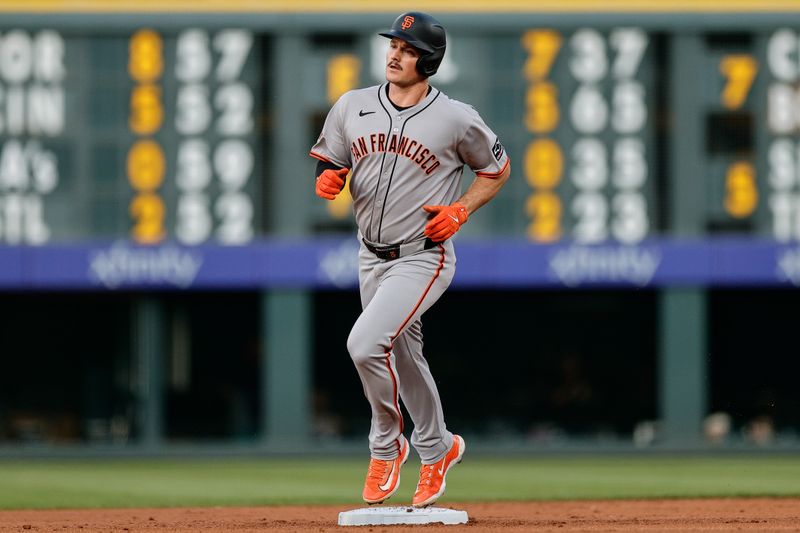 Sep 3, 2025; Denver, Colorado, USA; San Francisco Giants third baseman Matt Chapman (26) rounds the bases on a solo home run in the second inning against the Colorado Rockies at Coors Field. Mandatory Credit: Isaiah J. Downing-Imagn Images