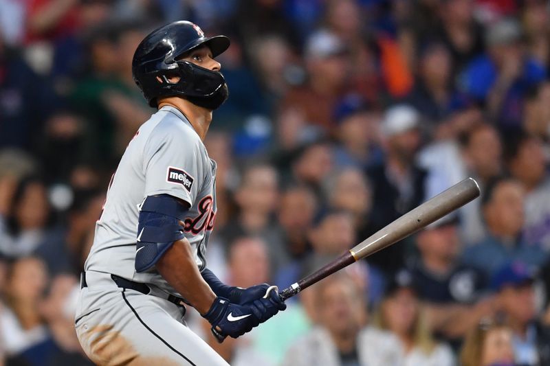 Aug 21, 2024; Chicago, Illinois, USA; Detroit Tigers designated hitter Riley Greene (31) hits a two-run home run during the second inning against the Chicago Cubs at Wrigley Field. Mandatory Credit: Patrick Gorski-USA TODAY Sports