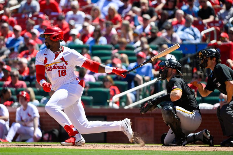 May 7, 2025; St. Louis, Missouri, USA;  St. Louis Cardinals right fielder Jordan Walker (18) hits a two run single against the Pittsburgh Pirates during the eighth inning at Busch Stadium. Mandatory Credit: Jeff Curry-Imagn Images