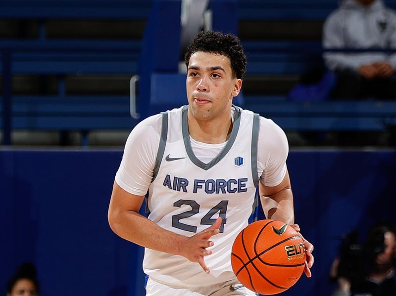 Jan 31, 2023; Colorado Springs, Colorado, USA; Air Force Falcons guard Jeffrey Mills (24) dribbles the ball up court in the second half against the Boise State Broncos at Clune Arena. Mandatory Credit: Isaiah J. Downing-USA TODAY Sports