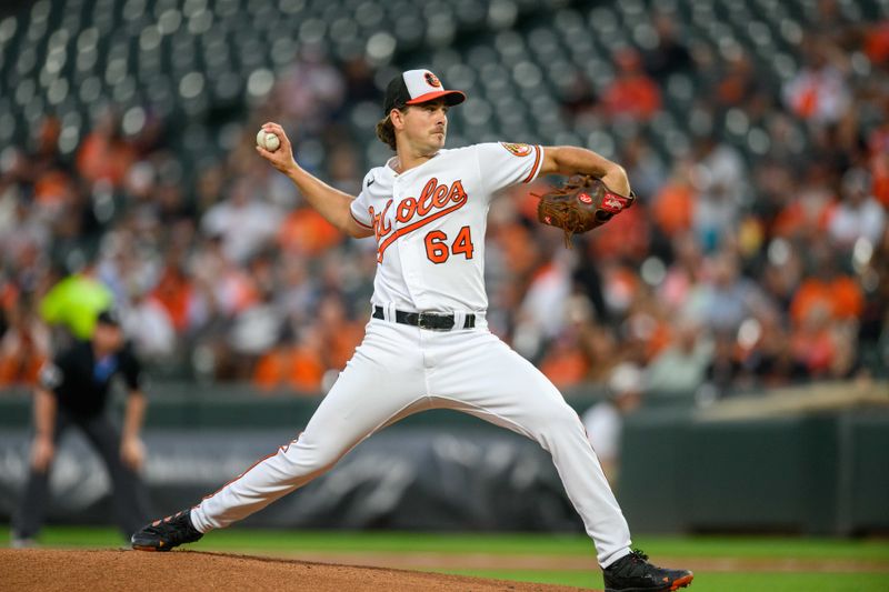 Aug 29, 2023; Baltimore, Maryland, USA; Baltimore Orioles starting pitcher Dean Kremer (64) pitches during the first inning against the Chicago White Sox at Oriole Park at Camden Yards. Mandatory Credit: Reggie Hildred-USA TODAY Sports