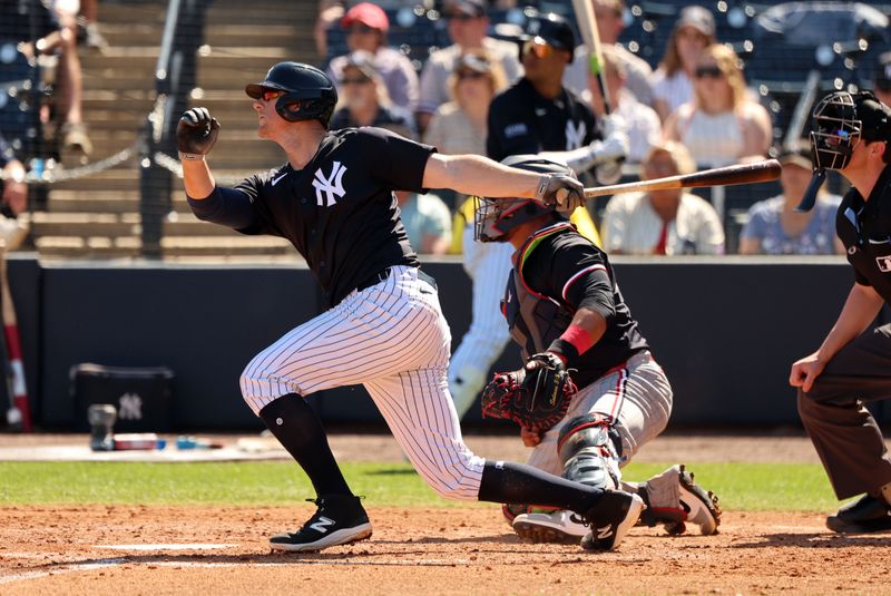 Feb 26, 2024; Tampa, Florida, USA;  New York Yankees third baseman DJ LeMahieu (26) singles during the third inning against the Minnesota Twins at George M. Steinbrenner Field. Mandatory Credit: Kim Klement Neitzel-USA TODAY Sports