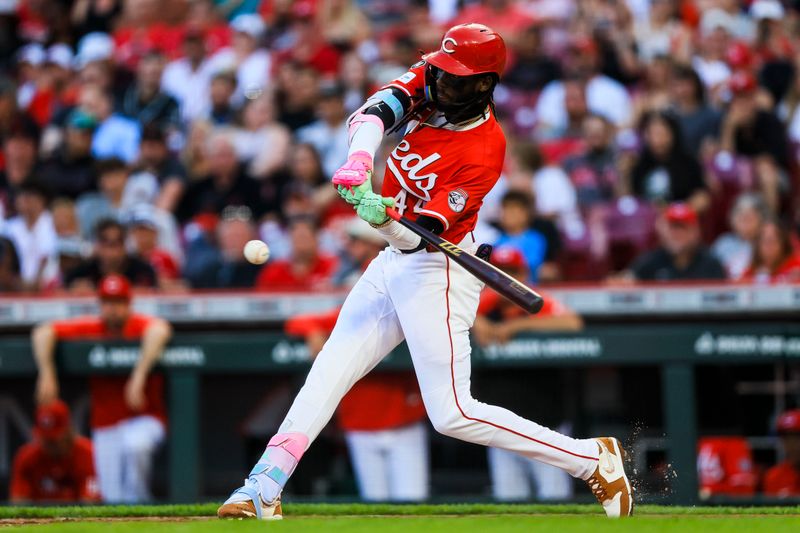 Jun 3, 2025; Cincinnati, Ohio, USA; Cincinnati Reds shortstop Elly De La Cruz (44) hits a double in the fourth inning against the Milwaukee Brewers at Great American Ball Park. Mandatory Credit: Katie Stratman-Imagn Images