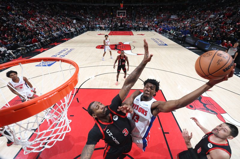 CHICAGO, IL -FEBRUARY 27: James Wiseman #13 of the Detroit Pistons drives to the basket during the game against the Chicago Bulls on February 27, 2024 at United Center in Chicago, Illinois. NOTE TO USER: User expressly acknowledges and agrees that, by downloading and or using this photograph, User is consenting to the terms and conditions of the Getty Images License Agreement. Mandatory Copyright Notice: Copyright 2024 NBAE (Photo by Jeff Haynes/NBAE via Getty Images)