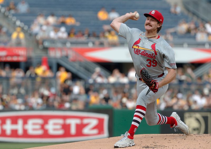 Jul 3, 2024; Pittsburgh, Pennsylvania, USA;  St. Louis Cardinals starting pitcher Miles Mikolas (39) delivers a pitch against the Pittsburgh Pirates during the first inning at PNC Park. Mandatory Credit: Charles LeClaire-USA TODAY Sports