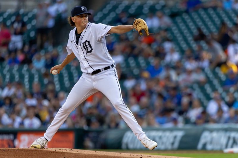 Aug 22, 2023; Detroit, Michigan, USA; Detroit Tigers starting pitcher Reese Olson (45) delivers a pitch in the first inning against the Chicago Cubs at Comerica Park. Mandatory Credit: David Reginek-USA TODAY Sports