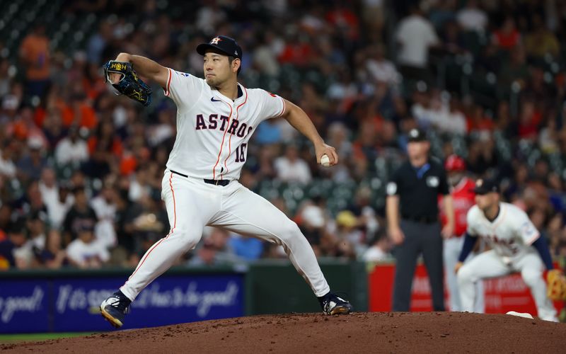 Sep 19, 2024; Houston, Texas, USA;  Houston Astros starting pitcher Yusei Kikuchi (16) pitches against the Los Angeles Angels in the second inning at Minute Maid Park. Mandatory Credit: Thomas Shea-Imagn Images