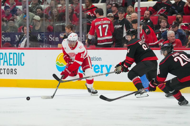 Dec 27, 2025; Raleigh, North Carolina, USA;  Detroit Red Wings center Andrew Copp (18) skates with the puck against Carolina Hurricanes defenseman Joel Nystrom (64) during the second period at Lenovo Center. Mandatory Credit: James Guillory-Imagn Images