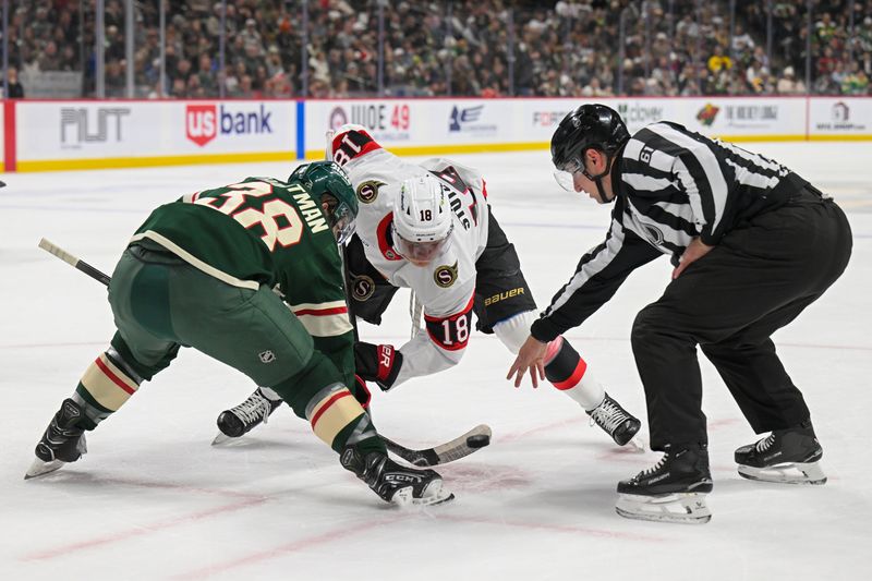 Dec 13, 2025; Saint Paul, Minnesota, USA;  Minnesota Wild forward Ryan Hartman (38) and Ottawa Senators forward Tim Stutzle (18) face-off during the first period at Grand Casino Arena. Mandatory Credit: Nick Wosika-Imagn Images