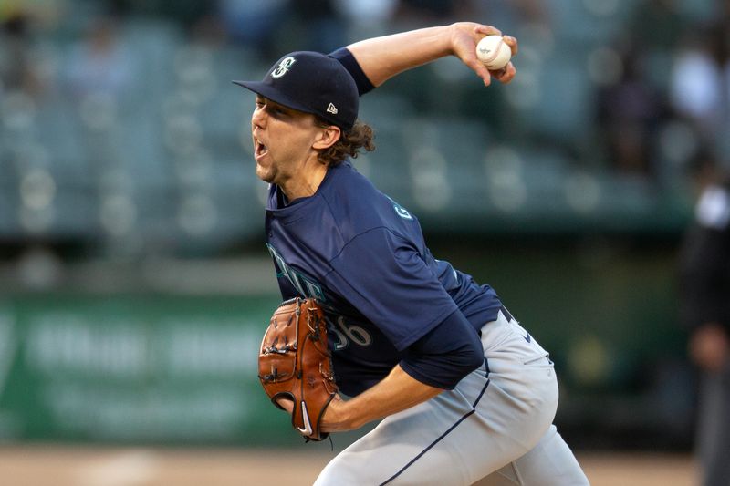 Jun 5, 2024; Oakland, California, USA; Seattle Mariners starting pitcher Logan Gilbert (36) delivers a pitch against the Oakland Athletics during the fourth inning at Oakland-Alameda County Coliseum. Mandatory Credit: D. Ross Cameron-USA TODAY Sports