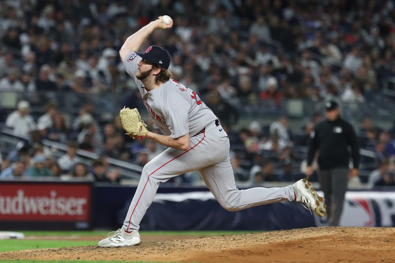 Oct 2, 2025; Bronx, New York, USA; Boston Red Sox pitcher Justin Slaten (63) throws to the plate in the fifth inning against the New York Yankees during game three of the Wildcard round for the 2025 MLB playoffs at Yankee Stadium. Mandatory Credit: Vincent Carchietta-Imagn Images