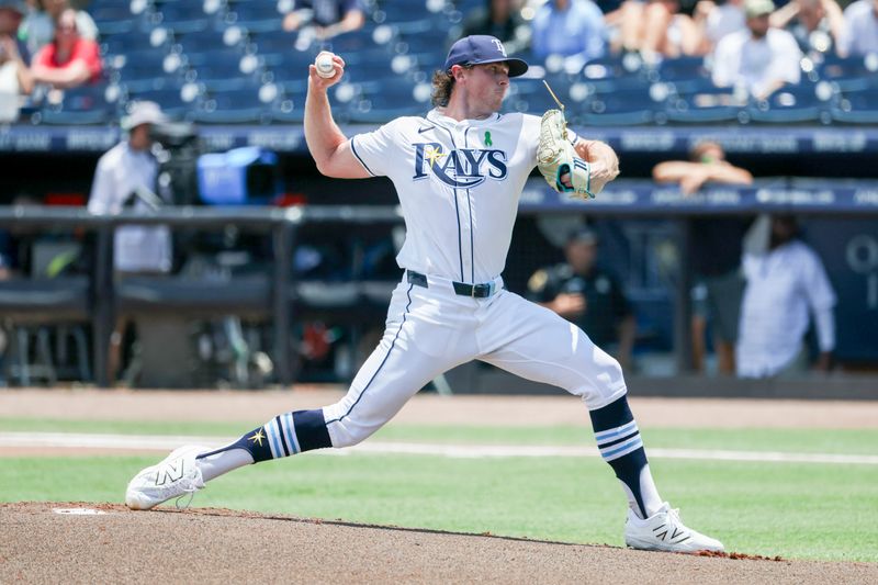 May 25, 2025; St. Petersburg, Florida, USA; Tampa Bay Rays starting pitcher Ryan Pepiot (44) throws a pitch against the Toronto Blue Jays during the first inning at George M. Steinbrenner Field. Mandatory Credit: Kim Klement Neitzel-Imagn Images