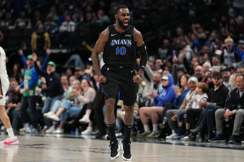 DALLAS, TX - JANUARY 15: Tim Hardaway Jr. #10 of the Dallas Mavericks celebrates during the game against the New Orleans Pelicans on January 15, 2024 at the American Airlines Center in Dallas, Texas. NOTE TO USER: User expressly acknowledges and agrees that, by downloading and or using this photograph, User is consenting to the terms and conditions of the Getty Images License Agreement. Mandatory Copyright Notice: Copyright 2024 NBAE (Photo by Glenn James/NBAE via Getty Images)