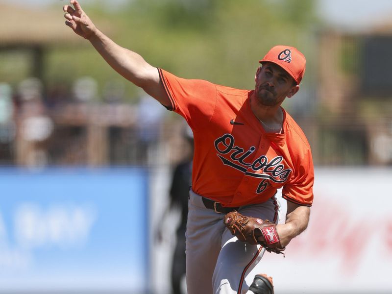 Mar 15, 2024; Port Charlotte, Florida, USA;  Baltimore Orioles starting pitcher Dean Kremer (64) throws a pitch against the Tampa Bay Rays in the second inning at Charlotte Sports Park. Mandatory Credit: Nathan Ray Seebeck-USA TODAY Sports