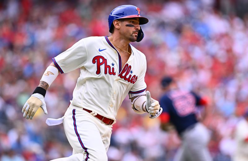 May 7, 2023; Philadelphia, Pennsylvania, USA; Philadelphia Phillies outfielder Nick Castellanos (8) rounds first base after hitting a double against the Boston Red Sox in the eighth inning at Citizens Bank Park. Mandatory Credit: Kyle Ross-USA TODAY Sports