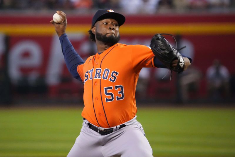 Oct 1, 2023; Phoenix, Arizona, USA; Houston Astros starting pitcher Cristian Javier (53) pitches against the Arizona Diamondbacks during the second inning at Chase Field. Mandatory Credit: Joe Camporeale-USA TODAY Sports