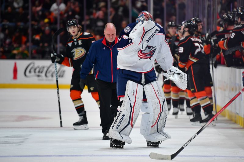 Feb 21, 2024; Anaheim, California, USA; Columbus Blue Jackets goaltender Daniil Tarasov (40) leaves after suffering an apparent injury against the Anaheim Ducks during the second period at Honda Center. Mandatory Credit: Gary A. Vasquez-USA TODAY Sports